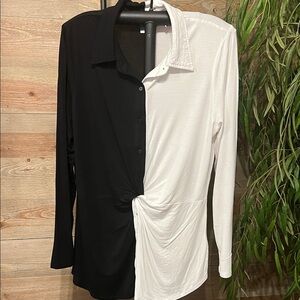 VENUS Black and White Contrast Long Sleeve Knit Top